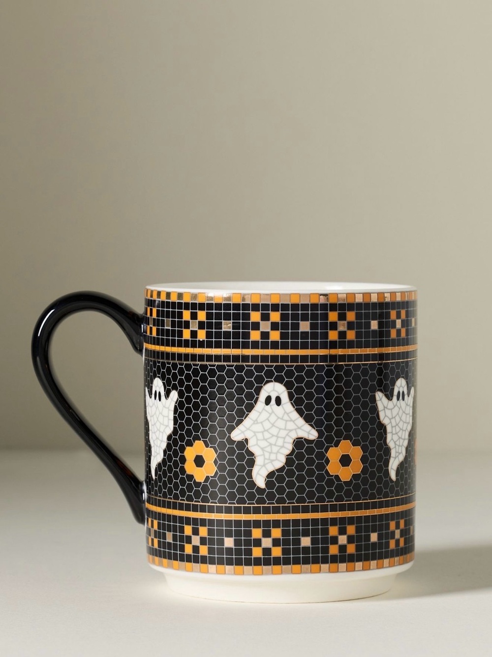 Anthropologie Bistro Tile Halloween Mug 24K Gold Accent Ghost Mug - Picture 2 of 3